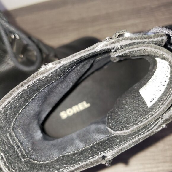 Sorel Cate Waterproof Leather Lace-Up Block Heel Ankle Boots Black 7 Biker Moto - Picture 7 of 12